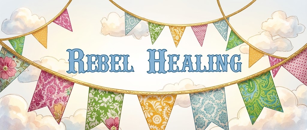 Rebel Healing banner with colorful bunting flags and clouds